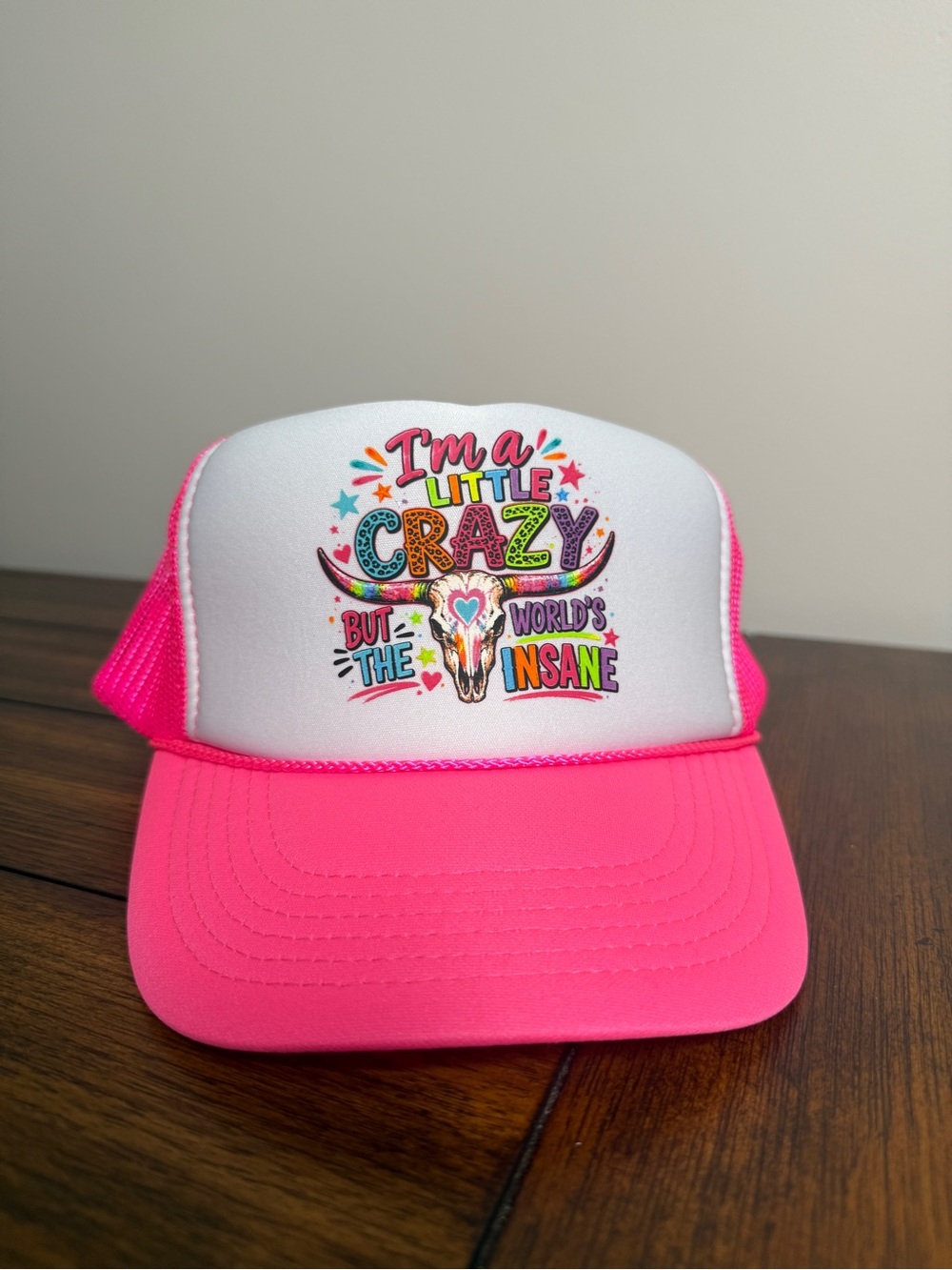 Pink & White Trucker Hat Mesh Back Adjustable I'm a Little Crazy Cow Skull